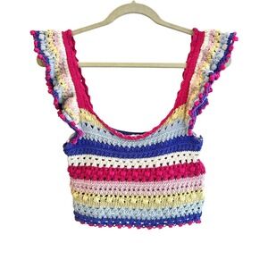 Zara Womens Multicolor Striped Crochet Knit Crop Top Ruffle Strap Pom Pom Medium